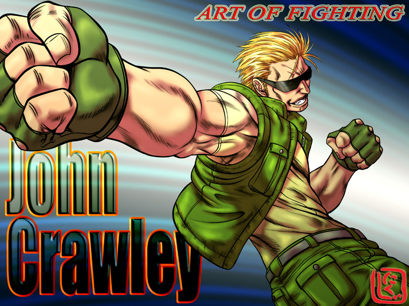 1boy blonde_hair character_name copyright_name fingerless_gloves gloves hair_slicked_back john_crawley male_focus muscular nikuji-kun punching ryuuko_no_ken short_hair sleeveless snk solo sunglasses vest