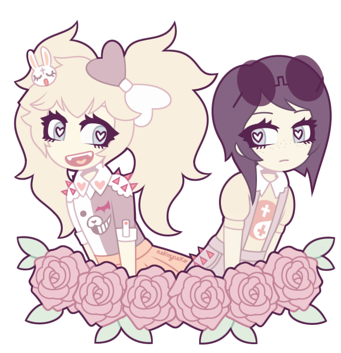 2girls alternate_costume black_hair blonde_hair bow closed_mouth collared_shirt danganronpa:_trigger_happy_havoc danganronpa_(series) enoshima_junko eyelashes eyewear_on_head fangs flower flower_wreath freckles grey_eyes hair_bow hair_ornament heart heart-shaped_pupils heart_print ikusaba_mukuro incest long_hair looking_at_another medium_hair multicolored_bow multicolored_shirt multiple_girls nekozneko open_mouth orange_skirt overalls rabbit_hair_ornament red_spikes rose shirt siblings sisters skirt spiked_shoulder_pads spikes symbol-shaped_pupils teeth tongue twincest twins twintails upper_body upper_teeth_only wreath yuri