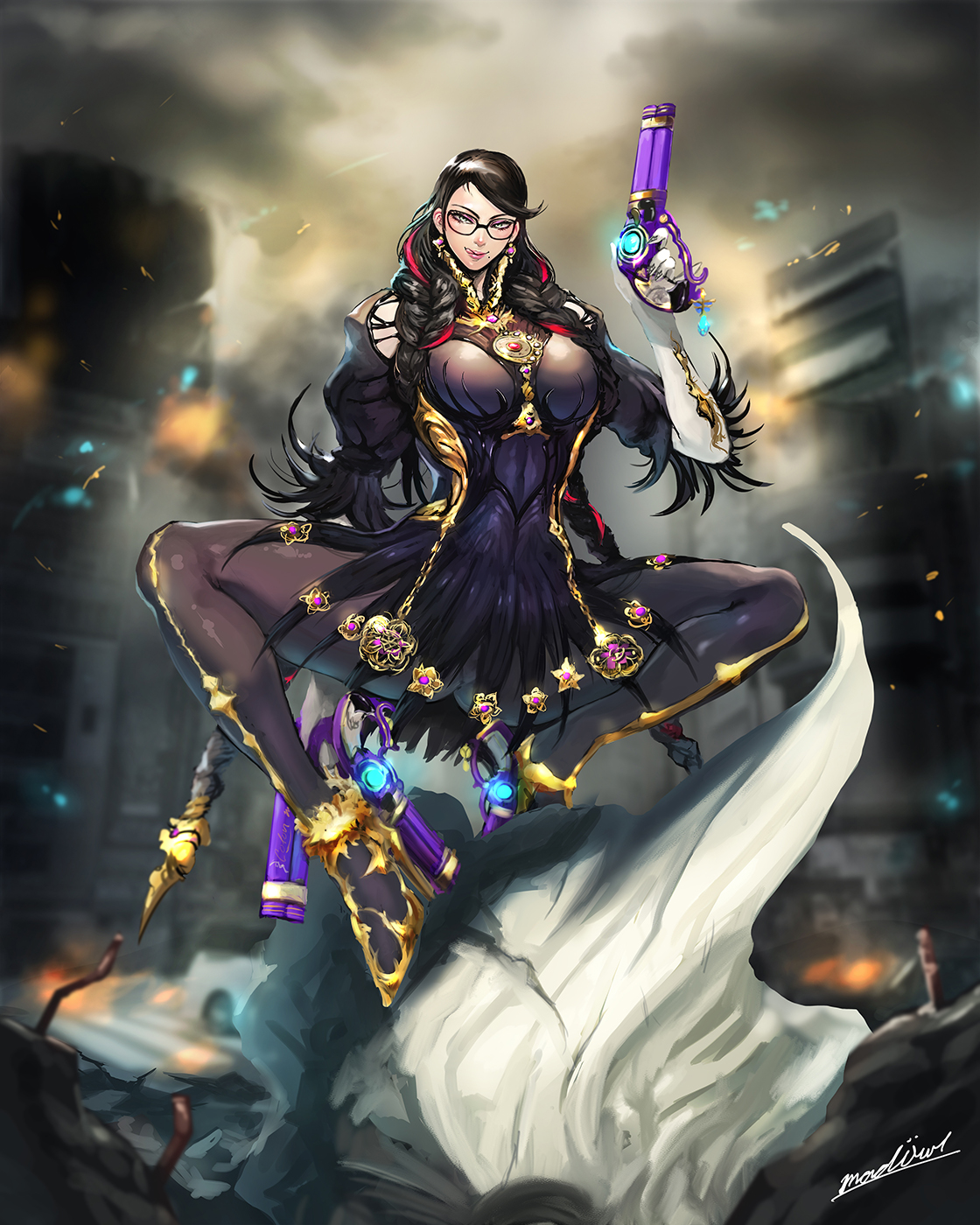 1girl bayonetta bayonetta_(series) bayonetta_3 black_hair breasts glasses gun highres large_breasts looking_at_viewer madowl smile weapon