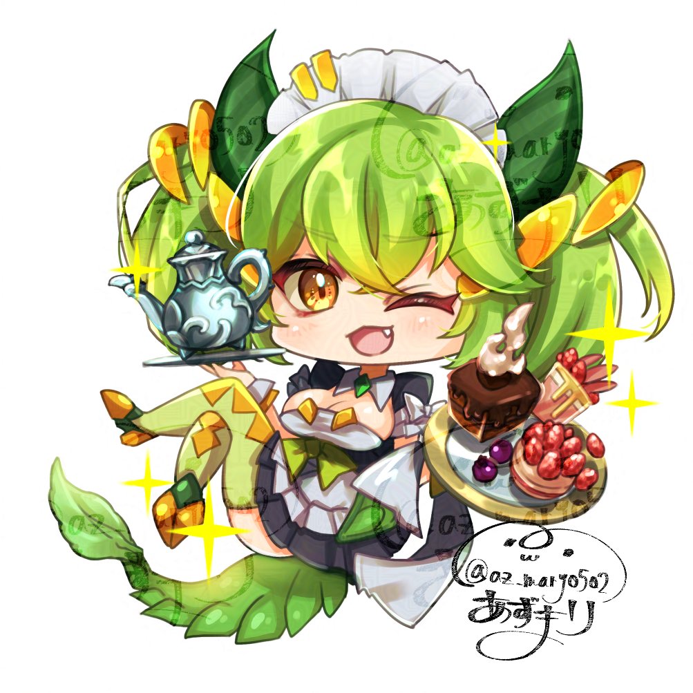 1girl az_(colorb05) black_dress breasts cake chibi chocolate_cake cleavage crossed_legs dragon_girl dragon_horns dragon_tail dress duel_monster fang food fruit full_body green_hair holding holding_tray horns large_breasts long_hair maid maid_headdress one_eye_closed open_mouth parlor_dragonmaid simple_background solo strawberry tail teapot tray twintails white_background yu-gi-oh!
