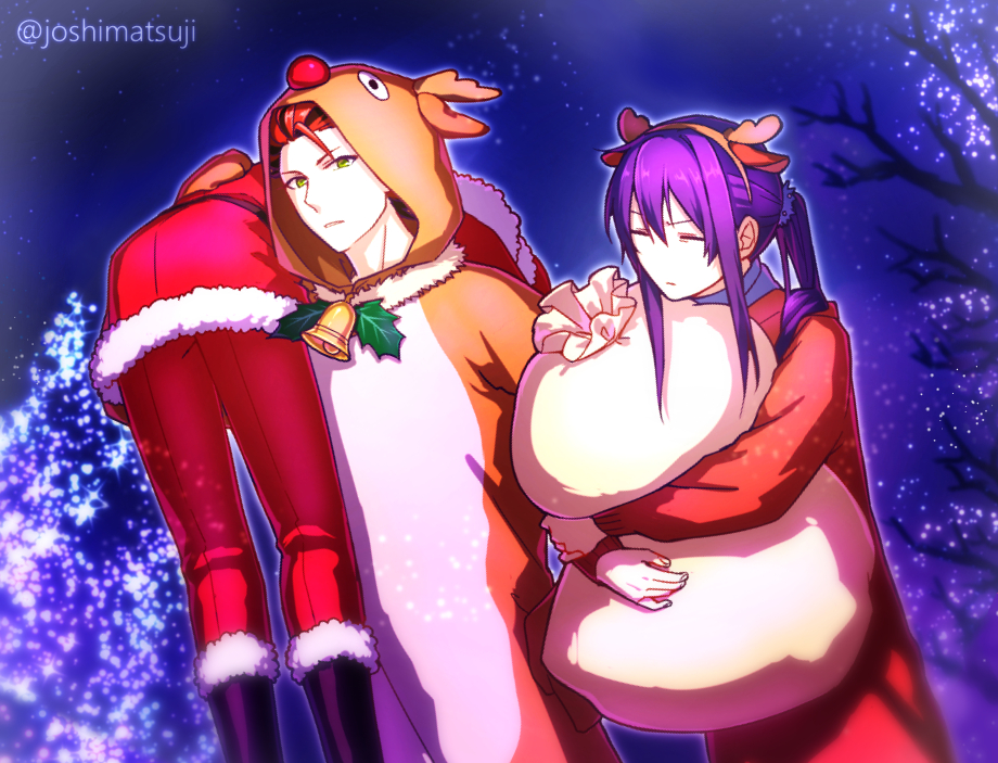 akatsuki_(ensemble_stars!) animal_costume animal_ear_hairband animal_ears antlers bare_tree bell belt black_belt black_hair blurry carrying carrying_over_shoulder carrying_person christmas christmas_lights closed_eyes cosplay cowboy_shot deer_ears ensemble_stars! fake_animal_ears frown fur_trim green_eyes hair_between_eyes hair_intakes hair_over_shoulder hairband hand_on_own_hip hasumi_keito holding holding_sack holly hood hood_up horns jacket jingle_bell kanzaki_souma kigurumi kiryu_kuro looking_at_viewer multicolored_hair night night_sky no_nose outdoors outline pants parted_lips ponytail purple_hair raised_eyebrow red_hair red_jacket red_pants red_sweater reindeer_antlers reindeer_costume rudolph_the_red_nosed_reindeer rudolph_the_red_nosed_reindeer_(cosplay) sack santa_costume sidelocks sky star_(sky) sweater tree tsubana-jorushi turtleneck twitter_username white_outline