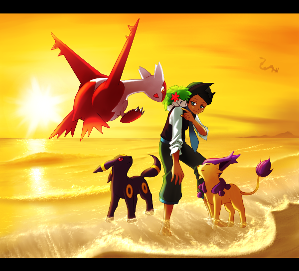 1boy arano_hachi delcatty frontier_brain gen_2_pokemon gen_3_pokemon gen_4_pokemon latias legendary_pokemon letterboxed mythical_pokemon nintendo ocean pokemon pokemon_(creature) rayquaza shaymin sunset thorton_(pokemon) umbreon wading water