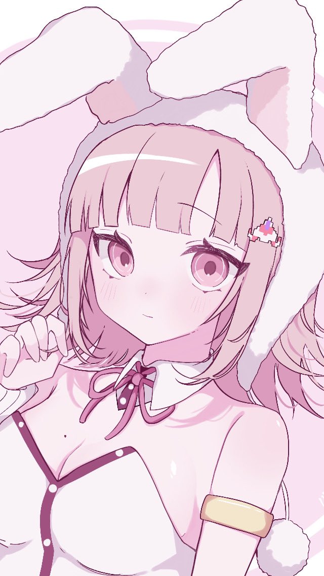 1girl animal_ears animal_hood armlet bare_shoulders blunt_bangs blush breasts brown_hair cleavage danganronpa_(series) danganronpa_2:_goodbye_despair detached_collar fake_animal_ears grey_background hand_up hood jewelry large_breasts leotard medium_hair mole mole_on_breast nanami_chiaki pink_eyes rabbit_ears rabbit_hood ringo_ame_no_ria simple_background solo spaceship_hair_ornament white_background