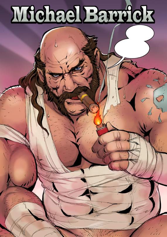 1boy 2014 bald bandaged_arm bandaged_hand bandaged_waist bandages bara blank_speech_bubble blue_eyes body_hair broad_shoulders brown_hair cigarette curly_hair earrings fire gears_of_war holding holding_lighter jeff5i0 jewelry lighter lighting_cigarette long_hair male_focus michael_barrick muscular muscular_male raised_eyebrow serious shaved_head sideburns simple_background single_earring skull_tattoo speech_bubble sweat tattoo thought_bubble towel towel_on_one_shoulder