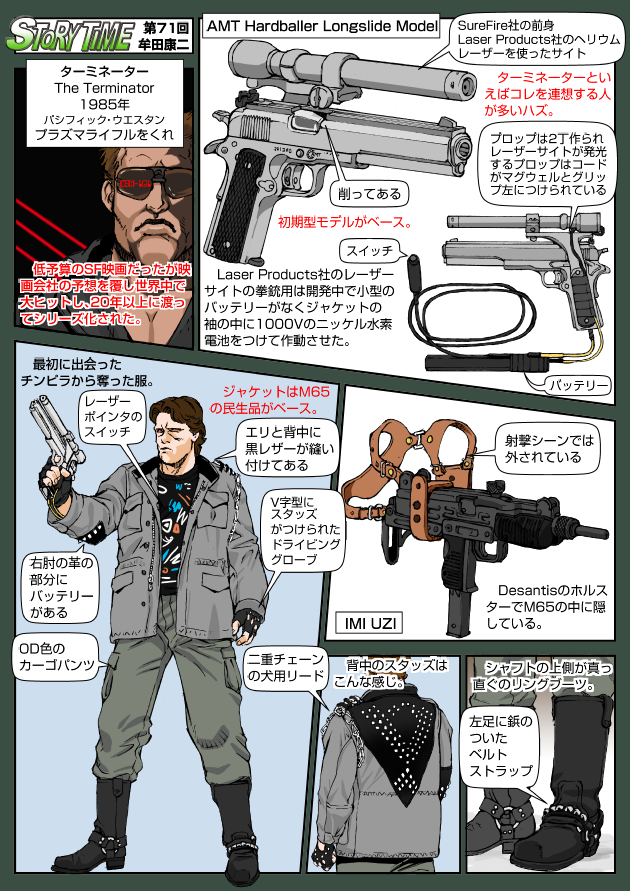 1boy amt_hardballer amt_hardballer_longslide arcadia_machine_&amp;_tool arnold_schwarzenegger cyborg english_text gun handgun israel_military_industries israel_weapon_industries jacket japanese_text looking_at_viewer m1911 muta_koji pistol story_time_(muta_koji) submachine_gun sunglasses t-800 terminator_(series) the_terminator translation_request uzi weapon weapon_focus weapon_name weapon_profile