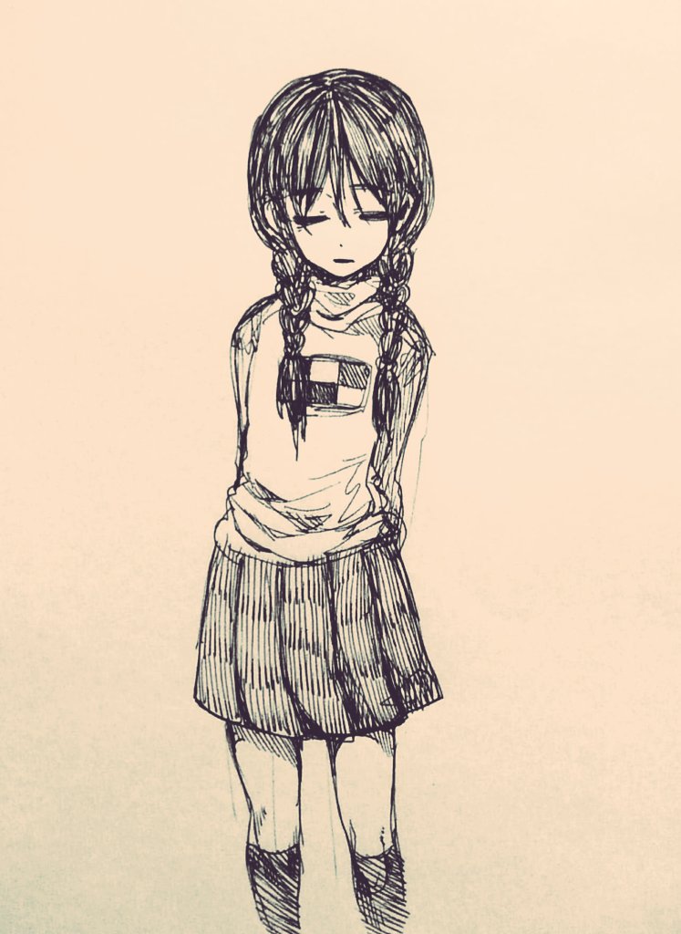1girl arms_behind_back braid closed_eyes closed_mouth commentary_request facing_viewer feet_out_of_frame long_hair long_sleeves madotsuki monochrome pleated_skirt print_sweater shirt simple_background skirt socks solo straight-on sweater takenokonoko traditional_media turtleneck turtleneck_sweater twin_braids yume_nikki