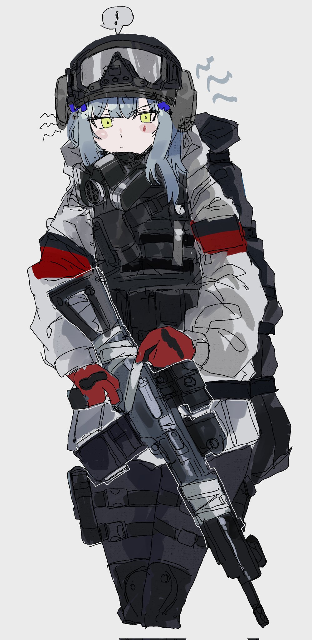 ! 1girl assault_rifle bag camouflage closed_mouth cropped_legs girls&#039;_frontline gloves goggles goggles_on_headwear grey_background gun h&amp;k_hk416 helmet highres hk416_(fang)_(girls&#039;_frontline) hk416_(girls&#039;_frontline) holding holding_gun holding_weapon last_man_battalion looking_at_viewer mask mask_around_neck odmised official_alternate_costume red_gloves respirator rifle simple_background snow_camouflage solo speech_bubble spoken_exclamation_mark tactical_clothes tom_clancy&#039;s_the_division vest_pouch weapon winter_uniform yellow_eyes
