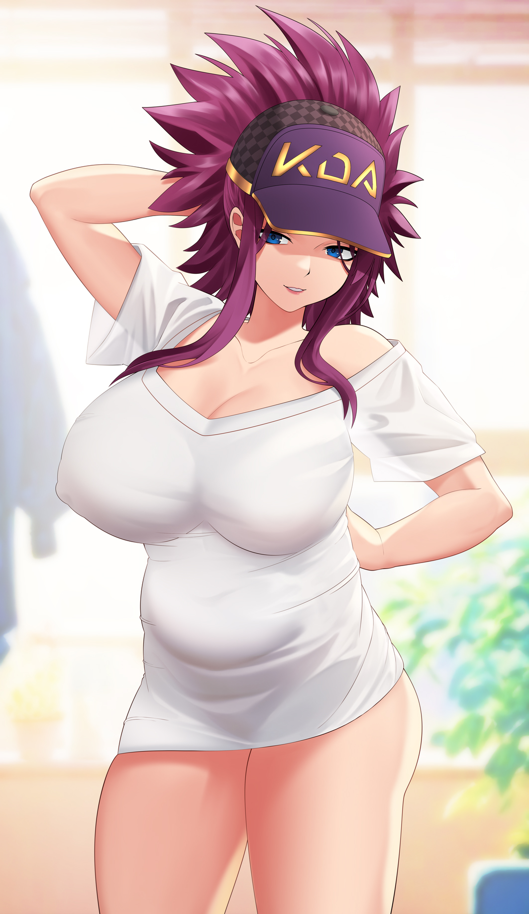 akali baseball_cap belly blue_eyes breasts hat highres k/da_(league_of_legends) k/da_akali large_breasts league_of_legends meme pajamas_challenge_(meme) plump ponytail purple_hair samsam_s2s see-through_clothes see-through_shirt shirt sidelocks t-shirt thighs white_shirt
