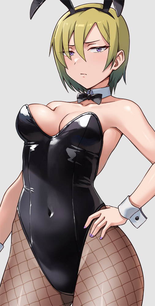1girl animal_ears black_bow black_bowtie black_leotard blonde_hair blue_eyes bow bowtie breasts covered_navel detached_collar fishnet_pantyhose fishnets grey_background hand_on_own_hip hashi highleg highleg_leotard leotard medium_breasts original pantyhose playboy_bunny rabbit_ears short_hair simple_background solo strapless strapless_leotard wrist_cuffs