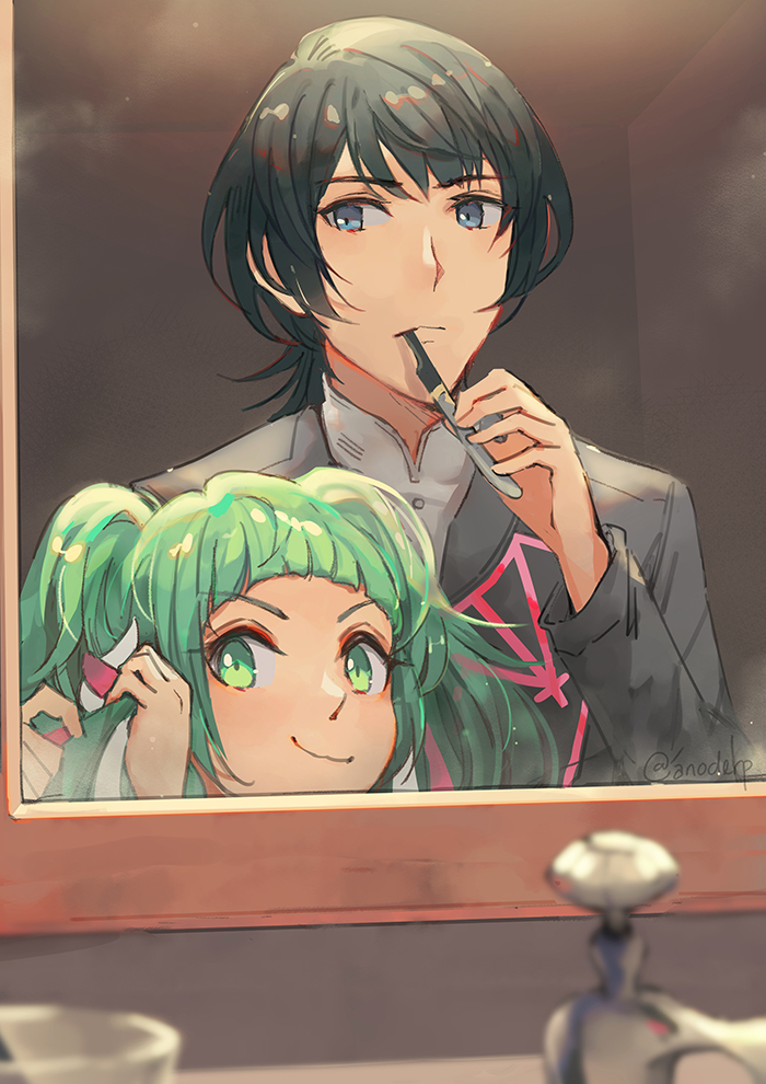 1boy 1girl alternate_costume anocurry blue_eyes blue_hair braid closed_mouth faucet fire_emblem fire_emblem:_three_houses green_eyes green_hair hair_between_eyes hair_ribbon holding indoors long_hair makeup_brush male_byleth_(fire_emblem) mirror multicolored_hair nintendo ribbon ribbon_braid short_hair smile sothis_(fire_emblem) twin_braids twintails tying_hair