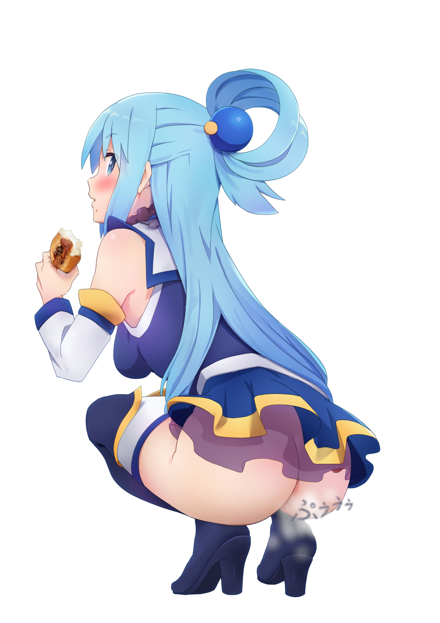 1girl aqua_(konosuba) ass blue_boots blue_eyes blue_hair blue_jacket blue_skirt boots detached_sleeves eating fart food food_on_face from_behind full_body hair_ornament highres huge_ass jacket kono_subarashii_sekai_ni_shukufuku_wo! layered_skirt long_hair long_sleeves looking_at_viewer looking_back miniskirt no_panties pleated_skirt profile sailor_collar simple_background skirt sleeveless sleeveless_jacket smelly_anus solo squatting thigh_boots thighhighs toraya_(doujintraya) very_long_hair white_background white_sailor_collar white_sleeves white_thighhighs yakisoba