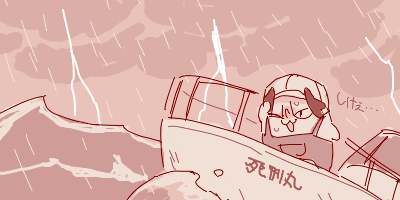 1girl :3 alternate_costume blue_archive boat chibi chibi_only cloud cloudy_sky commentary_request hand_on_own_head hand_up hat head_wings koharu_(blue_archive) lightning lowres maibotsumou monochrome ocean oekaki one_eye_closed open_mouth outdoors overalls railing rain red_theme sailing sky solo standing storm stormy_waters sweat tegaki_draw_and_tweet translation_request watercraft waves wings