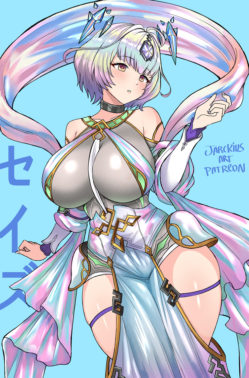 1girl ahoge artist_name bare_shoulders blue_background blush breasts commentary english_commentary fire_emblem fire_emblem_heroes floating floating_object highres jarckius jewelry large_breasts multicolored_hair multiple_girls nintendo open_mouth purple_hair sash seidr_(fire_emblem) short_hair simple_background solo thigh_strap thighs wide_hips yellow_eyes