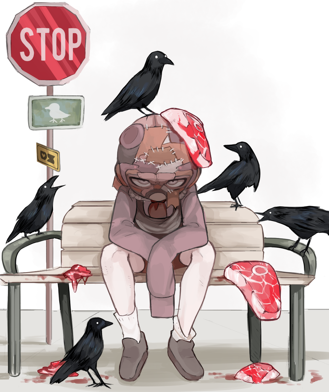1boy animal animal_on_head ankle_socks apron bad_id bad_pixiv_id bench bird bird_on_head bird blood blood_stain brown_apron brown_footwear brown_headwear brown_jacket brown_neckwear concrete concrete_floor crow crows danganronpa_(series) danganronpa_another_episode:_ultra_despair_girls despair_sauce_(artist) food full_body grey_eyes highres jacket kemuri_jataro kubrick_stare leather_mask long_sleeves looking_at_viewer loose_socks mask mask_on_head meat necktie on_head park_bench patch raw_meat road_sign sign simple_background sitting socks steak stitches stop_sign white_background