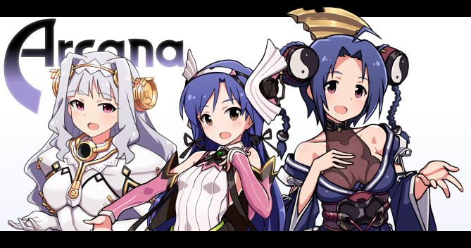 3girls ahoge ar_tonelico ar_tonelico_i aurica_nestmile aurica_nestmile_(cosplay) black_ribbon blue_hair blunt_bangs braid breasts brown_eyes collarbone commentary cosplay detached_sleeves dot_nose drum gold_trim hair_intakes hair_ornament hair_ribbon hairband hand_on_own_chest idolmaster idolmaster_(classic) idolmaster_million_live! instrument juliet_sleeves kisaragi_chihaya lace_trim leotard letterboxed long_hair long_sleeves looking_at_viewer medium_breasts medium_hair misha_arsellec_lune misha_arsellec_lune_(cosplay) miura_azusa multiple_girls open_mouth outstretched_arm outstretched_hand parody parted_bangs pink_eyes puffy_sleeves purple_eyes ribbon shijou_takane shiny_clothes shurelia_(ar_tonelico) shurelia_(ar_tonelico)_(cosplay) silver_hair small_breasts title_parody tun twin_braids upper_body wavy_hair white_background white_leotard wide_sleeves yin_yang