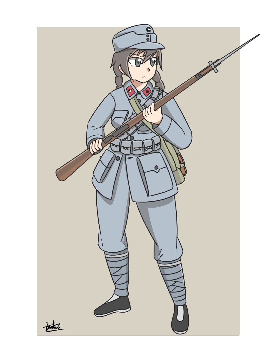 1girl ammunition_pouch artist_name bag bayonet beige_background black_eyes black_hair boots braided_pigtails breast_pocket breasts gun hat highres holding holding_rifle holding_weapon kuomintang looking_to_the_side military military_hat national_revolutionary_army original phenol_r pocket pouch rifle weapon white_sun