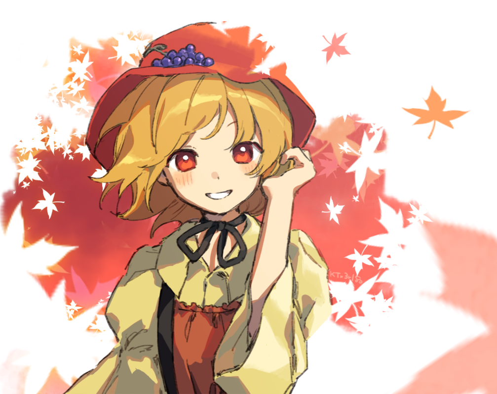 1girl aki_minoriko apron autumn_leaves black_ribbon blonde_hair blush choker collared_shirt commentary_request floating_hair fruit_hat_ornament grape_hat_ornament grin hand_in_own_hair hand_up hat juliet_sleeves kaigen_1025 leaf long_sleeves looking_at_viewer maple_leaf partial_commentary puffy_sleeves red_eyes red_hat ribbon ribbon_choker shirt short_hair smile solo touhou twitter_username upper_body wide_sleeves wind yellow_shirt