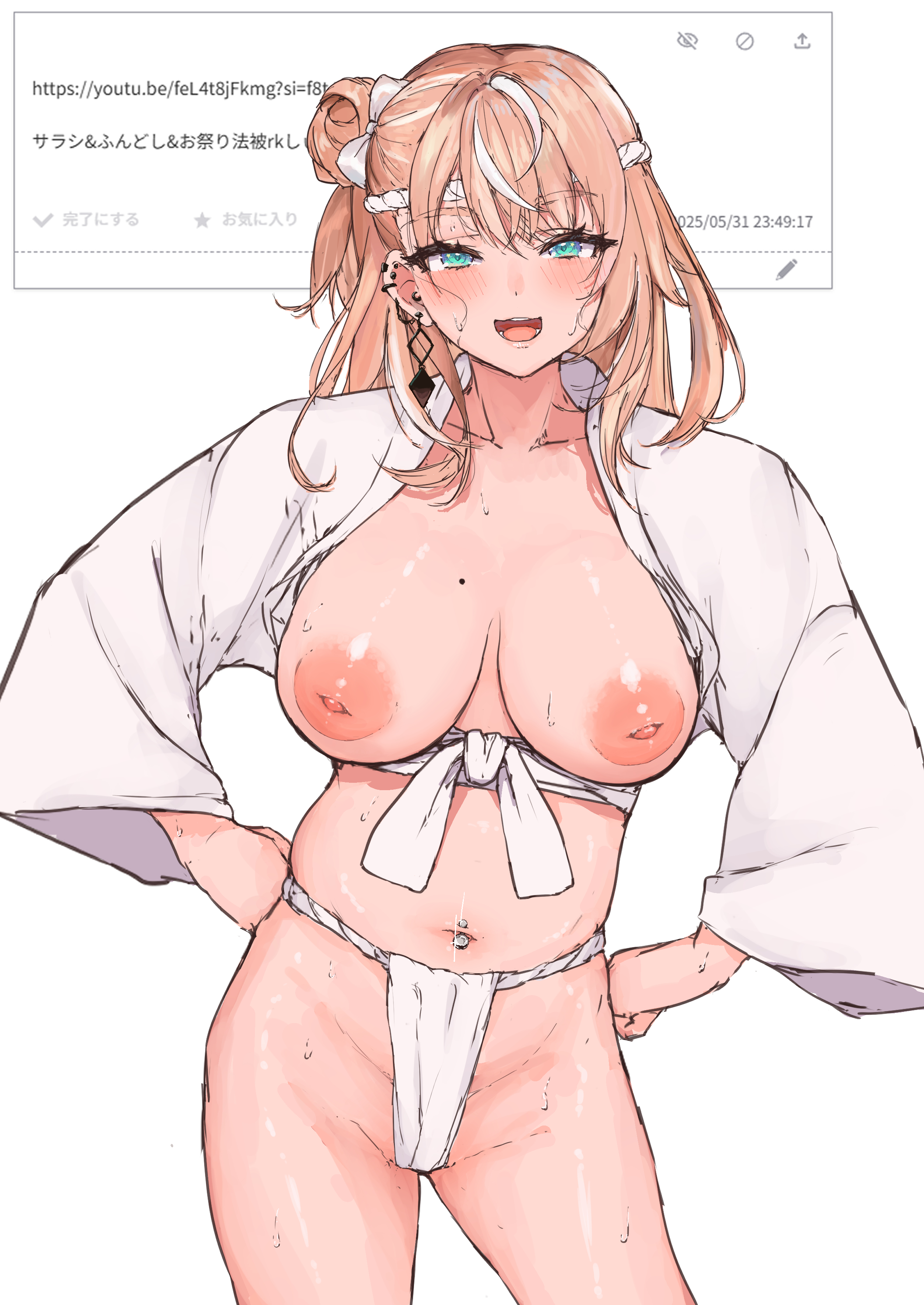 1girl aqua_eyes blue_eyes blush bow breasts earrings fundoshi hachimaki hair_bow hair_bun hands_on_own_hips happi headband igarashi_rika inverted_nipples japanese_clothes japanese_text jewelry koutate large_breasts medium_hair mole mole_on_breast multicolored_hair multiple_earrings navel navel_piercing nijisanji nipples open_happi open_mouth orange_hair piercing sash single_hair_bun smile solo standing sweat virtual_youtuber white_background white_bow white_hair