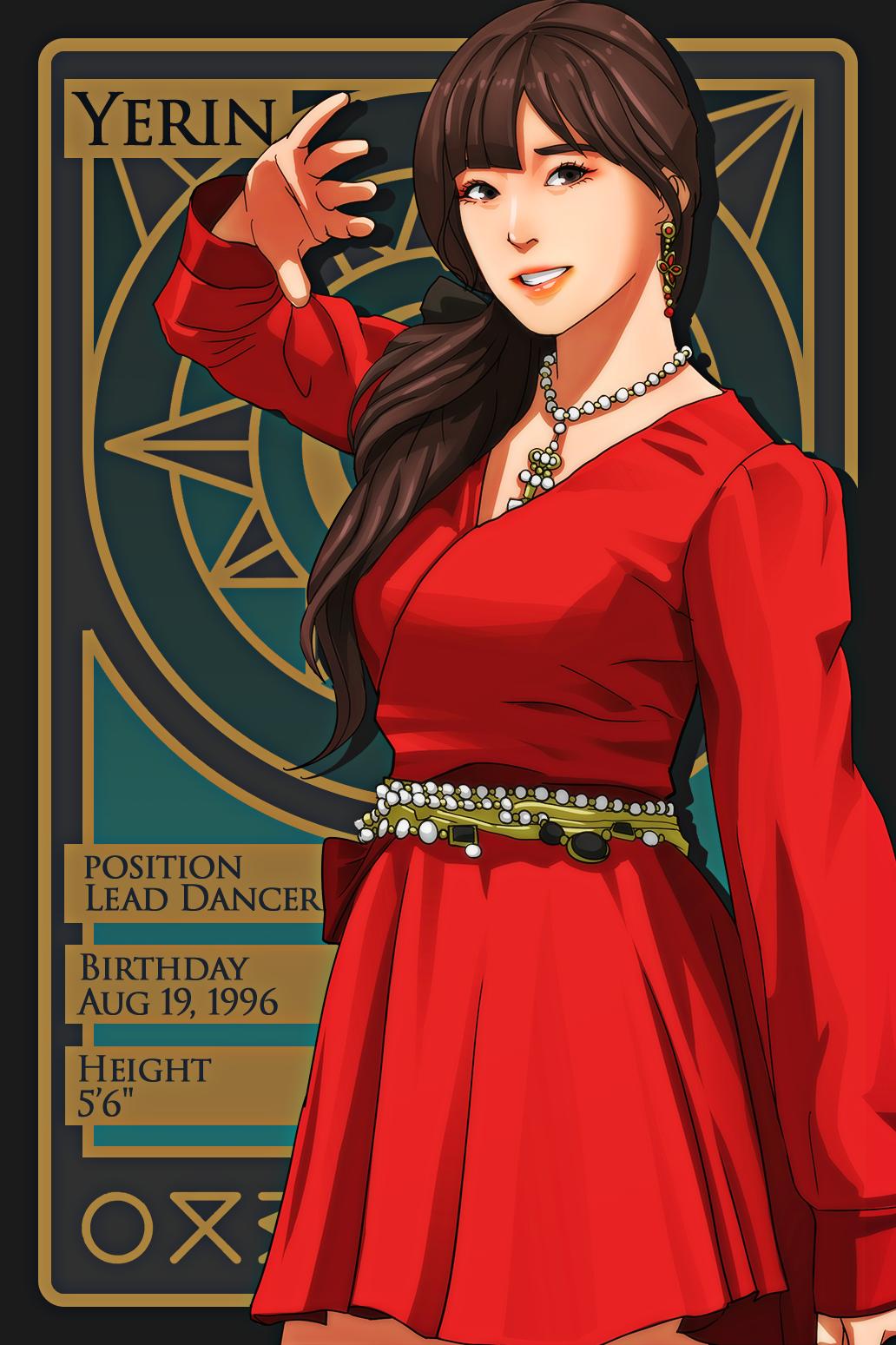 1girl artist_name_(singer) blunt_bangs brown_hair commentary cowboy_shot dress earrings eyeshadow gfriend highres jewelry k-pop long_sleeves looking_at_viewer makeup mascara necklace real_life red_dress renzengeki side_ponytail smile solo yerin_(gfriend)