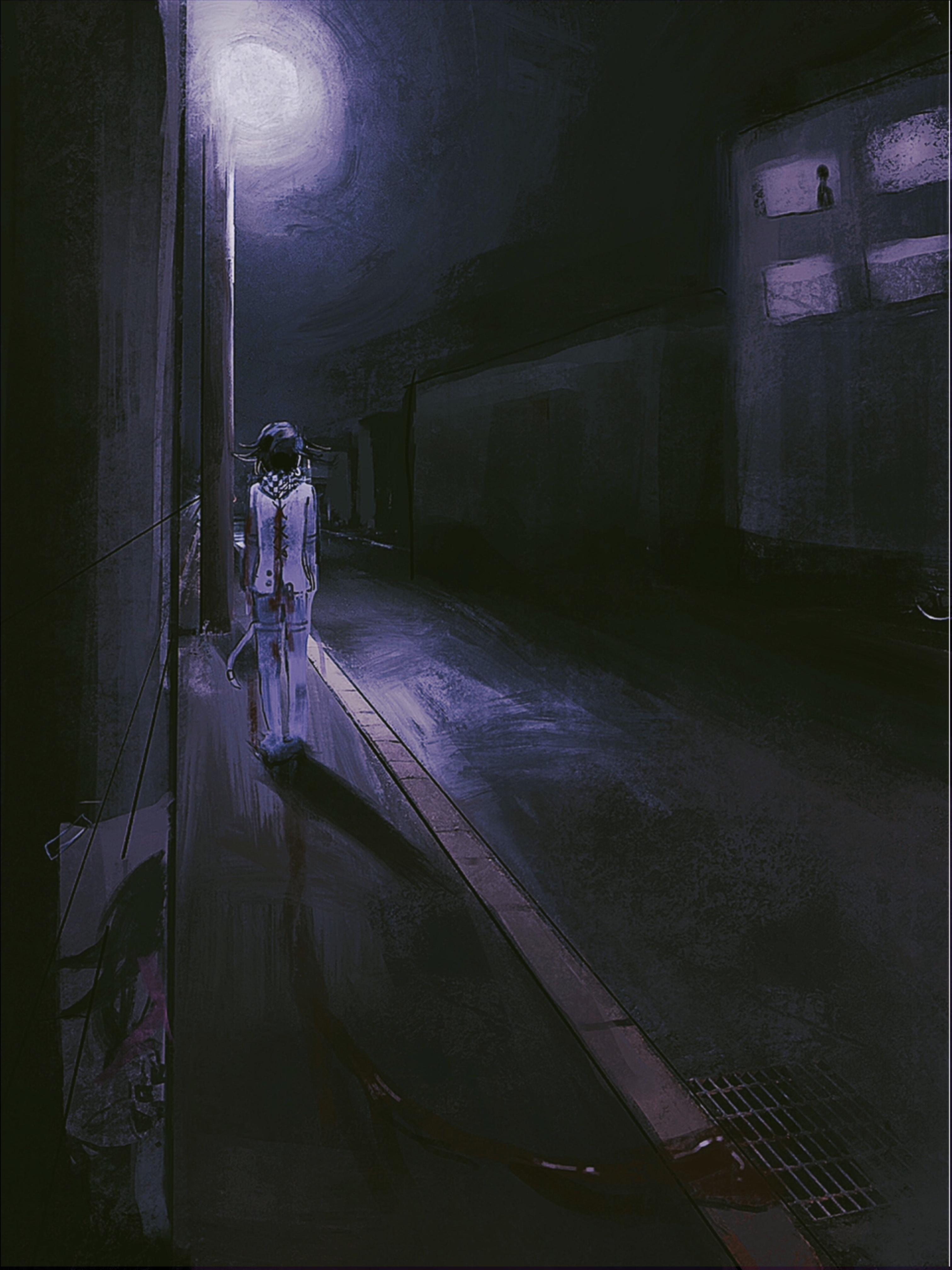 1boy absurdres blood blood_on_clothes blood_trail checkered_clothes checkered_scarf commentary_request cross-laced_jacket danganronpa_(series) danganronpa_v3:_killing_harmony drain_(object) flipped_hair from_behind highres horror_(theme) injury lamppost long_sleeves male_focus mochinomukou night oma_kokichi outdoors pants partial_commentary poster_(object) purple_hair scarf scenery short_hair sidewalk silhouette solo straitjacket thigh_strap two-tone_scarf walking window