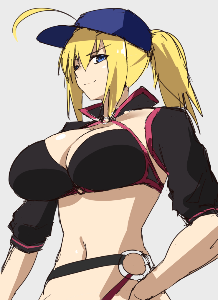 1girl artoria_pendragon_(fate) bikini black_bikini blonde_hair blue_eyes breasts eyebrows_hidden_by_hair fate/grand_order fate_(series) hair_between_eyes jeanne_d&#039;arc_alter_(fate) jeanne_d&#039;arc_alter_(swimsuit_berserker)_(fate) large_breasts long_hair looking_at_viewer mysterious_heroine_x_(fate) mysterious_heroine_xx_(fate) ponytail smile solo swimsuit takara_joney upper_body