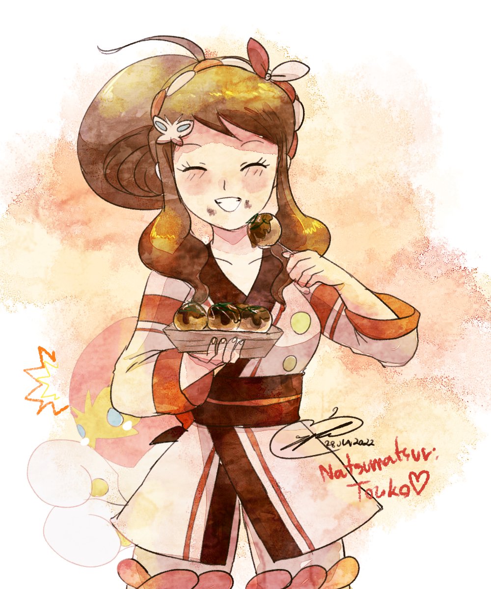 1girl alternate_color appleko blush brown_hair closed_eyes collarbone food food_on_face gen_8_pokemon grapploct happy highres hilda_(pokemon) hilda_(summer_2022)_(pokemon) nintendo official_alternate_costume pokemon pokemon_(creature) pokemon_masters_ex ponytail shiny_pokemon signature smile takoyaki teeth toothpick