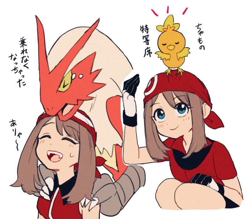 bandana black_gloves blaziken blue_eyes brown_hair gen_3_pokemon gloves may_(pokemon) nintendo on_head pokemon pokemon_(creature) pokemon_adventures pokemon_on_head red_bandana red_shirt shirt short_sleeves sleeveless sleeveless_shirt smile sweatdrop teeth torchic translation_request two-tone_gloves upper_body upper_teeth_only white_background white_gloves yukue_m