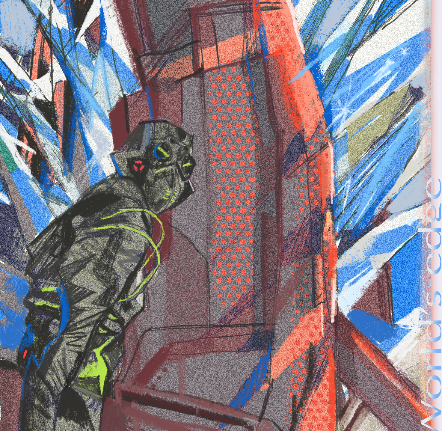 1boy apex_legends biohazard_octane black_jacket cable from_side goggles helmet highres ice in-universe_location jacket leaning_forward looking_ahead male_focus mitus octane_(apex_legends) official_alternate_costume solo traditional_media world&#039;s_edge