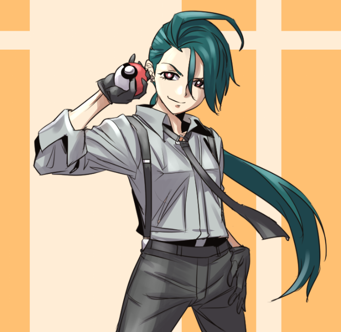 1girl ahoge bright_pupils closed_mouth collared_shirt commentary_request cowboy_shot creatures_(company) eyelashes game_freak gloves green_hair grey_shirt hand_up holding holding_poke_ball long_hair necktie nintendo pants poke_ball poke_ball_(basic) pokemon pokemon_sv ponytail red_eyes rika_(pokemon) shirt smile solo suspenders white_pupils yawakon