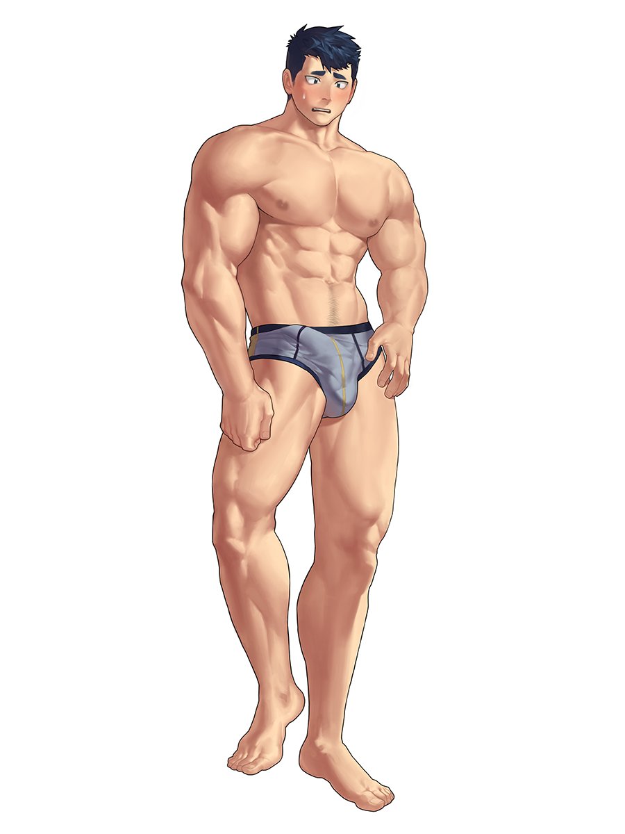 1boy abs bara black_hair bulge erection erection_under_clothes grey_male_underwear highres large_pectorals male_focus male_underwear muscular muscular_male navel nipples official_alternate_costume oji-mama_(skskdan) pectorals short_hair simple_background solo souichi_hoshiura thick_thighs thighs ttn_(239_239) underwear white_background