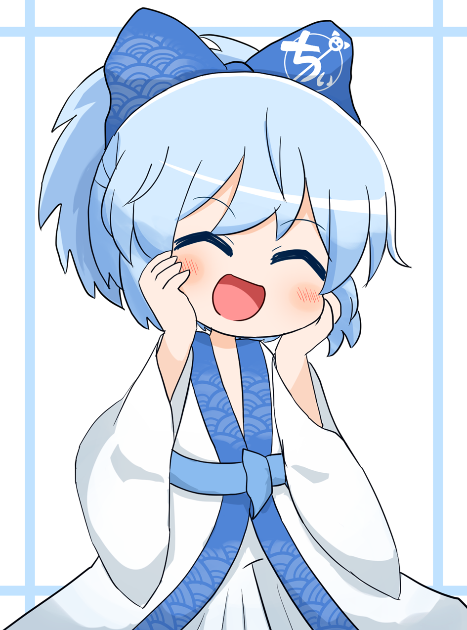 1girl :d ^_^ blue_bow blue_hair blush bow closed_eyes commentary_request coruthi hair_bow hands_on_own_cheeks hands_on_own_face highres hollow_song_of_birds japanese_clothes kimono long_sleeves open_mouth shirobakama_chii short_hair smile solo textless_version touhou upper_body waist_bow white_kimono