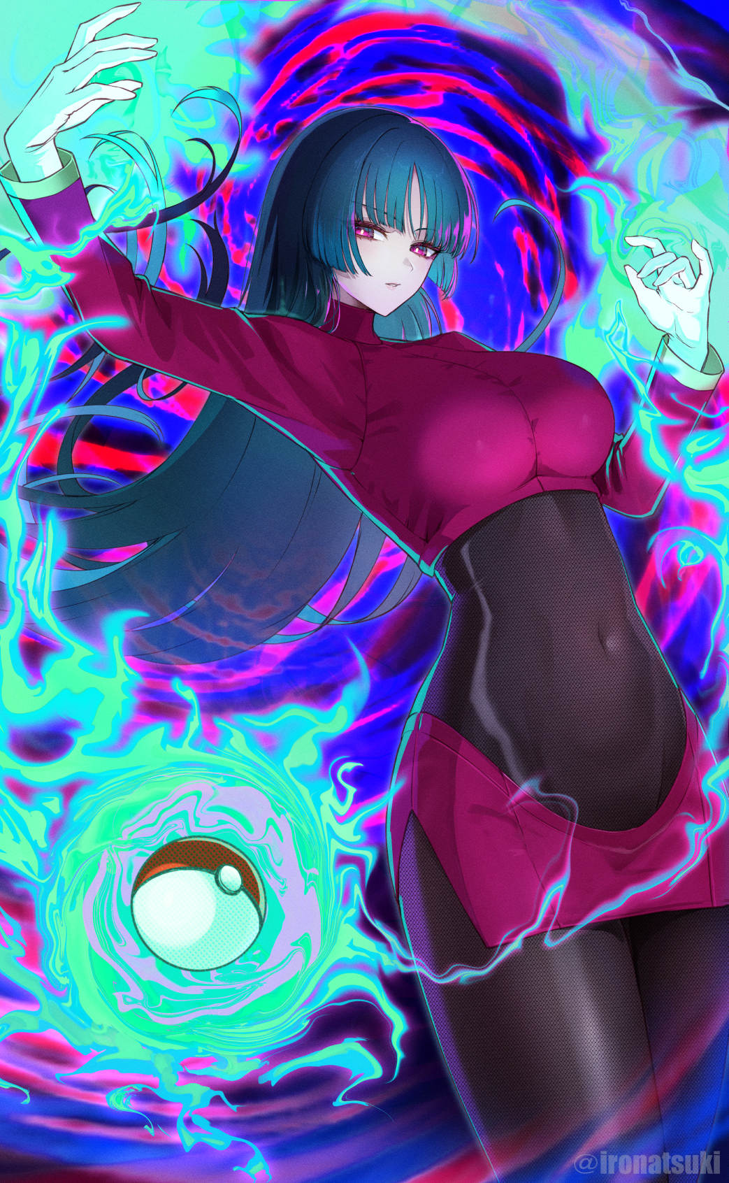 1girl blue_hair bodystocking breasts covered_navel cropped_shirt dark_blue_hair gloves highres ironatsuki long_hair long_sleeves looking_at_viewer medium_breasts nintendo pencil_skirt poke_ball poke_ball_(basic) pokemon pokemon_frlg purple_eyes purple_shirt purple_skirt sabrina_(pokemon) shirt skirt solo telekinesis thighs white_gloves