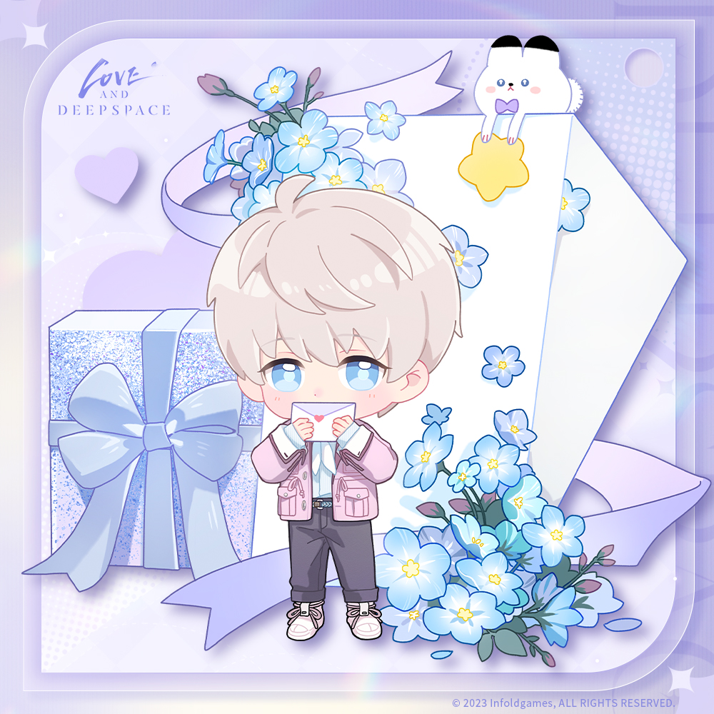 1boy ahoge blue_eyes blue_flower box chibi chibi_only envelope flower forget-me-not_(flower) full_body gift gift_box grey_hair grey_pants holding holding_envelope jacket light_blush love_and_deepspace male_focus official_art pants pink_jacket pink_shoes purple_background rabbit shirt shoes short_hair sneakers solo white_shirt xavier_(love_and_deepspace)