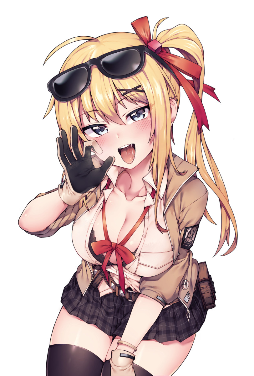 1girl ahoge beige_gloves beige_jacket belt black_bra black_thighhighs blue_eyes blush bow bowtie bra breasts cleavage collarbone cowboy_shot cup_on_head fellatio_gesture female_focus girls&#039;_frontline hair_ornament hair_ribbon head_tilt highres ir jp06 kalina_(girls&#039;_frontline) lace lace-trimmed_bra lace_trim large_breasts long_hair looking_at_viewer open_mouth plaid_clothes plaid_skirt pleated_skirt ribbon saliva shirt side_ponytail sidelocks skirt sleeves_rolled_up solo standing thighhighs tongue unbuttoned unbuttoned_shirt underwear white_background white_shirt x_hair_ornament zettai_ryouiki