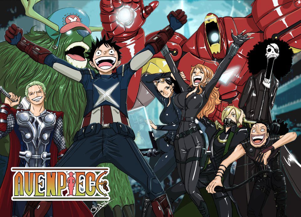 2girls 6+boys afro alien armor avengers_(series) black_hair black_widow black_widow_(cosplay) blonde_hair bodysuit bow_(weapon) breasts brook_(one_piece) cape captain_america captain_america_(cosplay) cleavage colored_skin copyright_name cosplay crossover eyepatch franky_(one_piece) giant green_hair green_skin gun hammer hawkeye_(marvel) hawkeye_(marvel)_(cosplay) hulk hulk_(cosplay) iron_man iron_man_(cosplay) jacket maria_hill maria_hill_(cosplay) marvel monkey_d._luffy multiple_boys multiple_girls nami_(one_piece) nick_fury nick_fury_(cosplay) nico_robin one_piece orange_hair parody power_armor roronoa_zoro sanji_(one_piece) shield short_hair skeleton sunglasses thor_(marvel) thor_(marvel)_(cosplay) tony_tony_chopper usopp weapon