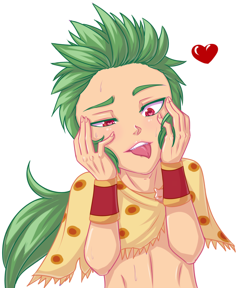1boy armband brooch claws final_fantasy final_fantasy_vi fingernails gau green_hair hands_on_own_head heart heart-shaped_pupils jewelry male_focus ponytail red_eyes sharp_fingernails sharp_teeth shawl sweatdrop symbol-shaped_pupils teeth tongue tongue_out yandere