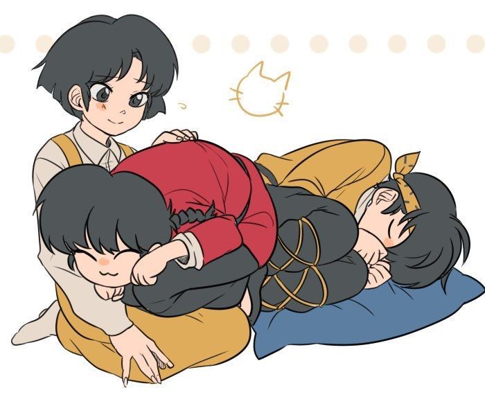 1girl 2boys bandana black_hair braid braided_ponytail chinese_clothes closed_eyes hibiki_ryouga multiple_boys ranma_1/2 samighosti saotome_ranma short_hair sleeping smile tangzhuang tendou_akane yellow_bandana