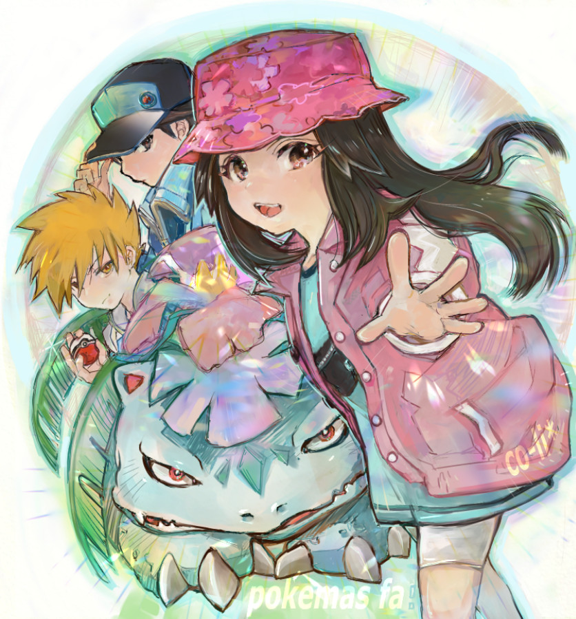 1girl 2boys baseball_cap blue_dress blue_oak blue_oak_(sygna_suit) brown_eyes brown_hair bucket claws co-li_star commentary_request dress foreshortening game_freak gen_1_pokemon hat holding holding_poke_ball leaf_(pokemon) leaf_(sygna_suit)_(pokemon) long_hair looking_at_viewer mega_pokemon mega_venusaur multiple_boys nintendo official_alternate_color open_mouth pink_hat poke_ball pokemon pokemon_(creature) pokemon_masters_ex red_(pokemon) red_(sygna_suit)_(pokemon) signature socks venusaur