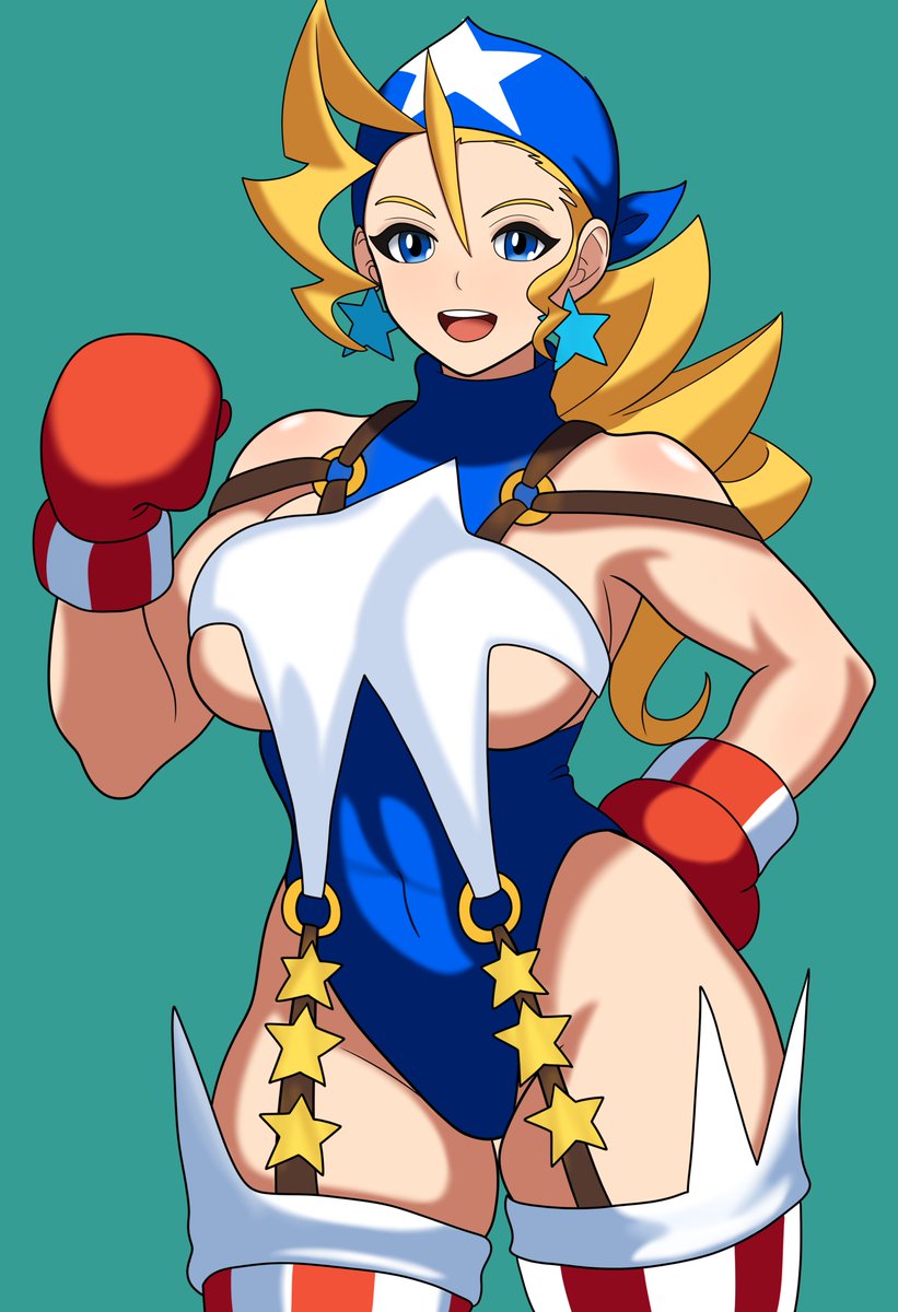 1girl ahoge bandana blonde_hair blue_eyes blue_leotard bojack198 boxing_gloves breasts capcom commentary earrings english_commentary green_background highres jewelry justice_gakuen large_breasts leotard long_hair looking_at_viewer open_mouth revealing_clothes shiritsu_justice_gakuen sideboob smile solo star_(symbol) star_earrings thighhighs tiffany_lords underboob united_states