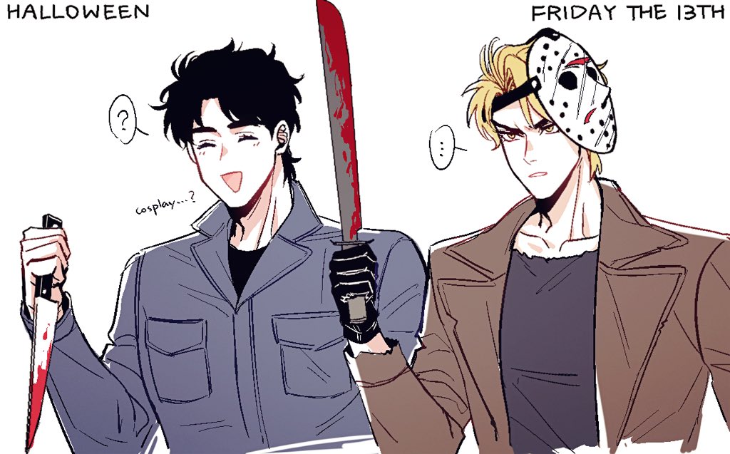 ... 2boys ? blonde_hair blood bloody_weapon blue_hair closed_eyes commentary_request copyright_name cosplay crossover dio_brando friday_the_13th hako_iix07 halloween_(movie) hockey_mask holding jason_voorhees jason_voorhees_(cosplay) jojo_no_kimyou_na_bouken jonathan_joestar knife machete male_focus mask michael_myers michael_myers_(cosplay) multiple_boys phantom_blood shirt short_hair simple_background smile spoken_ellipsis spoken_question_mark weapon yellow_eyes
