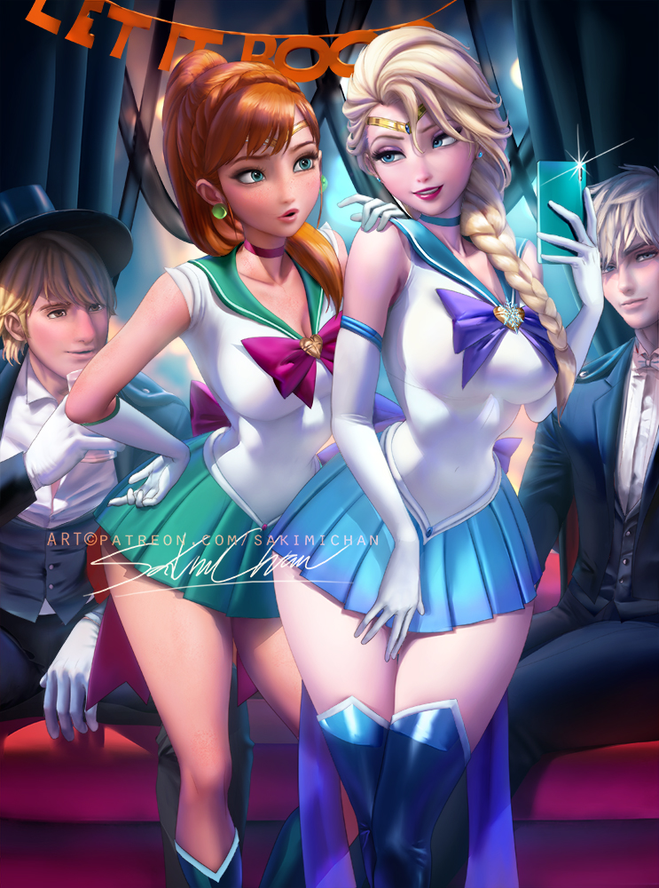 2boys 2girls anna_(frozen) artist_name bishoujo_senshi_sailor_moon black_hat black_pants blonde_hair blue_choker blue_eyes blue_skirt blue_thighhighs boots bow bowtie braid braided_ponytail breasts brown_eyes brown_hair choker cleavage cosplay costume couch crossover curtains earrings elbow_gloves elsa_(frozen) frozen_(disney) gloves green_eyes green_skirt halloween halloween_costume hat holding holding_phone jack_frost_(rise_of_the_guardians) jewelry kristoff_(frozen) large_breasts long_hair looking_at_another multiple_boys multiple_girls pale_skin pants parted_lips patreon_username phone ponytail red_choker rise_of_the_guardians sailor_jupiter sailor_jupiter_(cosplay) sailor_mercury sailor_mercury_(cosplay) sakimichan short_hair siblings signature sisters sitting skirt smile standing thigh_boots thighhighs thighs tiara top_hat trait_connection tuxedo tuxedo_kamen tuxedo_kamen_(cosplay) watermark web_address white_bow white_bowtie white_gloves white_hair