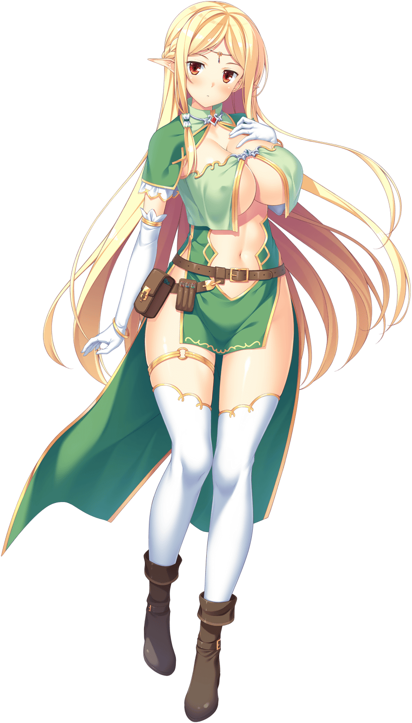 1girl arm_at_side belt belt_pouch blonde_hair blush boots bracelet braid breasts brown_boots capelet cleavage closed_mouth clothing_cutout covered_erect_nipples dot_mouth dress ehlitte elbow_gloves elf game_cg gloves green_capelet green_dress half_up_braid highres hinata_nao jewelry large_breasts long_hair long_pointy_ears long_sidelocks looking_at_viewer low-tied_sidelocks navel non-web_source official_art pelvic_curtain pointy_ears pouch red_eyes sex_open_world_e_youkoso! sidelocks solo stomach_cutout thighhighs white_gloves white_thighhighs