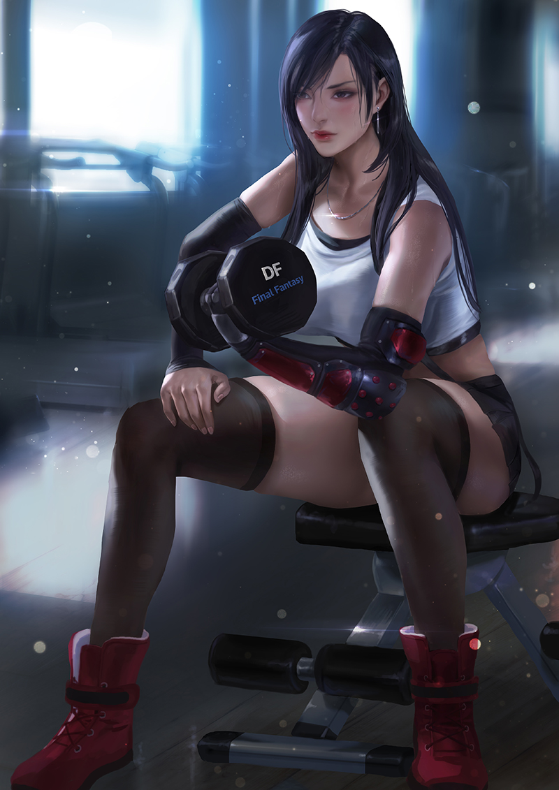 1girl bare_shoulders black_bra black_gloves black_hair black_shirt black_thighhighs bra breasts brown_eyes crop_top curling dumbbell earrings elbow_gloves elbow_pads exercising final_fantasy final_fantasy_vii final_fantasy_vii_remake full_body gloves gym hair_over_one_eye indoors jewelry large_breasts leaning_forward long_hair looking_ahead midriff necklace red_footwear shirt sitting sleeveless sleeveless_shirt solo sports_bra square_enix thighhighs thighs tifa_lockhart treadmill underwear weightlifting white_shirt window xixi_(xixihenlan_ing)