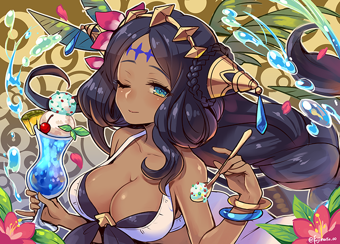 1girl black_hair blue_eyes bracelet breasts dark_skin dragalia_lost fujimaru_(green_sparrow) hair_ornament jewelry large_breasts long_hair looking_at_viewer melon_soda official_alternate_costume one_eye_closed swimsuit upper_body verica