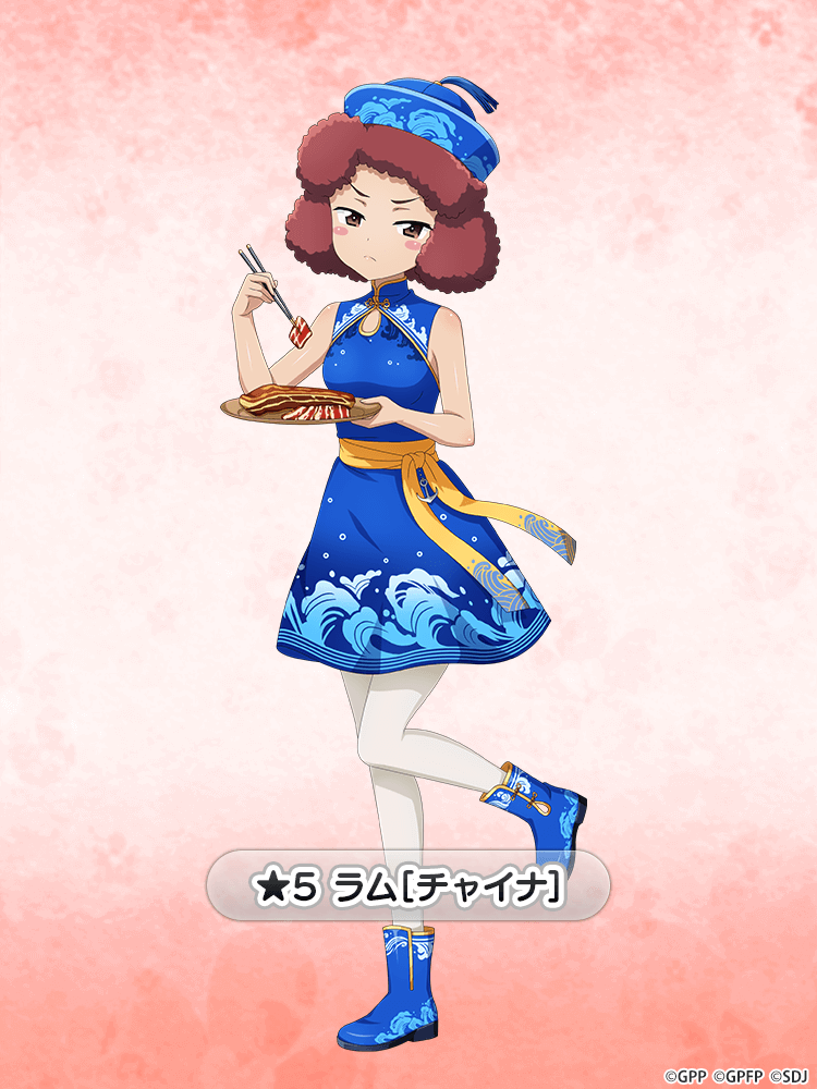 1girl blue_boots blue_dress blue_hat blush_stickers boots character_name chinese_clothes chopsticks closed_mouth commentary_request curly_hair dress food frown full_body girls_und_panzer girls_und_panzer_senshadou_daisakusen! glaring half-closed_eyes hat high_collar holding holding_chopsticks holding_plate legs_up looking_at_viewer meat official_alternate_costume official_art orange_background pantyhose plate print_boots print_dress print_headwear qingdai_guanmao red_background red_eyes red_hair rum_(girls_und_panzer) short_dress short_hair sleeveless sleeveless_dress solo standing standing_on_one_leg star_(symbol) tassel translated watermark wave_print white_pantyhose