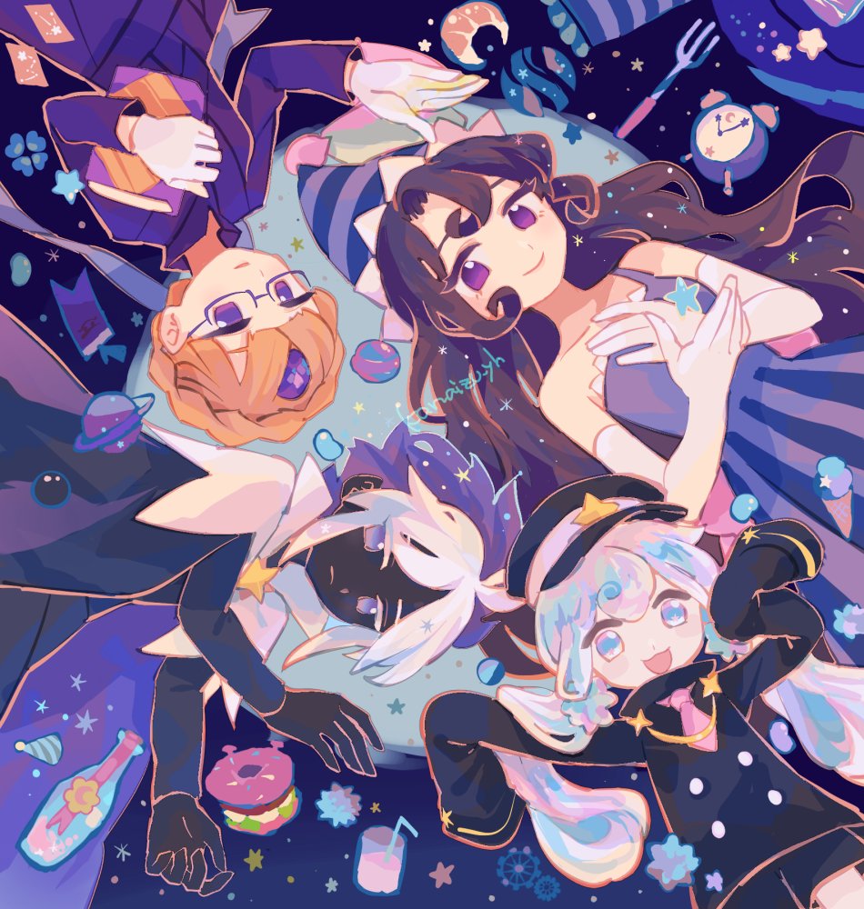 1boy 3girls alarm_clock black_coat black_shorts black_skirt blue_dress blue_hat blueberry_pie_cookie clock coat cookie_run cookie_run:_kingdom croissant cup disposable_cup donut dress drinking_straw elbow_gloves food fork gloves hat humanization iridescent iridescent_hair kanaizu_yh long_hair low_twintails lying milky_way_cookie moonlight_cookie multicolored_hair multiple_girls on_back open_mouth pointy_hat purple_eyes purple_hair shorts skirt smile stardust_cookie streaked_hair twintails very_long_hair white_hair