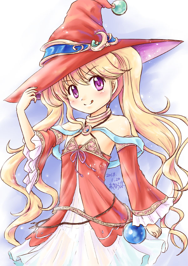 akihara_ryou blonde_hair breasts hat iris_mysteria! ladis_(iris_mysteria!) long_hair off_shoulder purple_eyes small_breasts twintails wide_sleeves witch_hat
