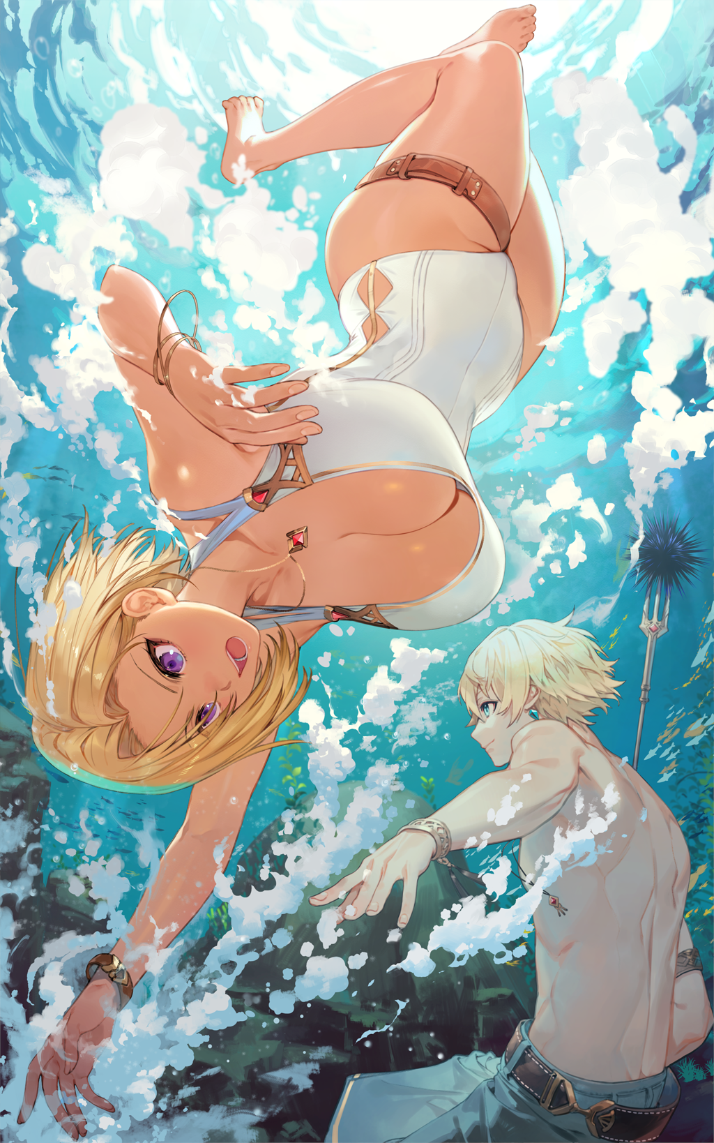 1boy 1girl atelier_(series) atelier_resleriana barefoot belt blonde_hair blue_eyes blue_male_swimwear bracelet breasts cleavage dark-skinned_female dark_skin fish highres jewelry juna_waitz kodama_(wa-ka-me) large_breasts male_swimwear non-web_source ocean official_alternate_costume official_art one-piece_swimsuit outdoors outstretched_arm profile purple_eyes roman_kalman short_hair swimming swimsuit thigh_strap underwater upside-down white_one-piece_swimsuit