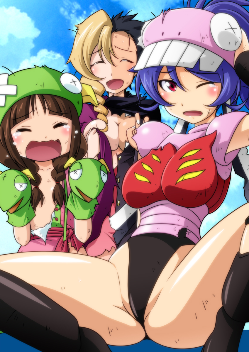 10s 3girls baron_ashura blue_eyes braid breasts brown_hair crying doublas_m2 female_focus garada_k7 harada_shoutarou hat highres injury legs leotard long_hair multiple_girls one_eye_closed open_mouth ponytail purple_hair red_eyes robot_girls_z shiny_skin sky smile spread_legs tears twin_braids wink