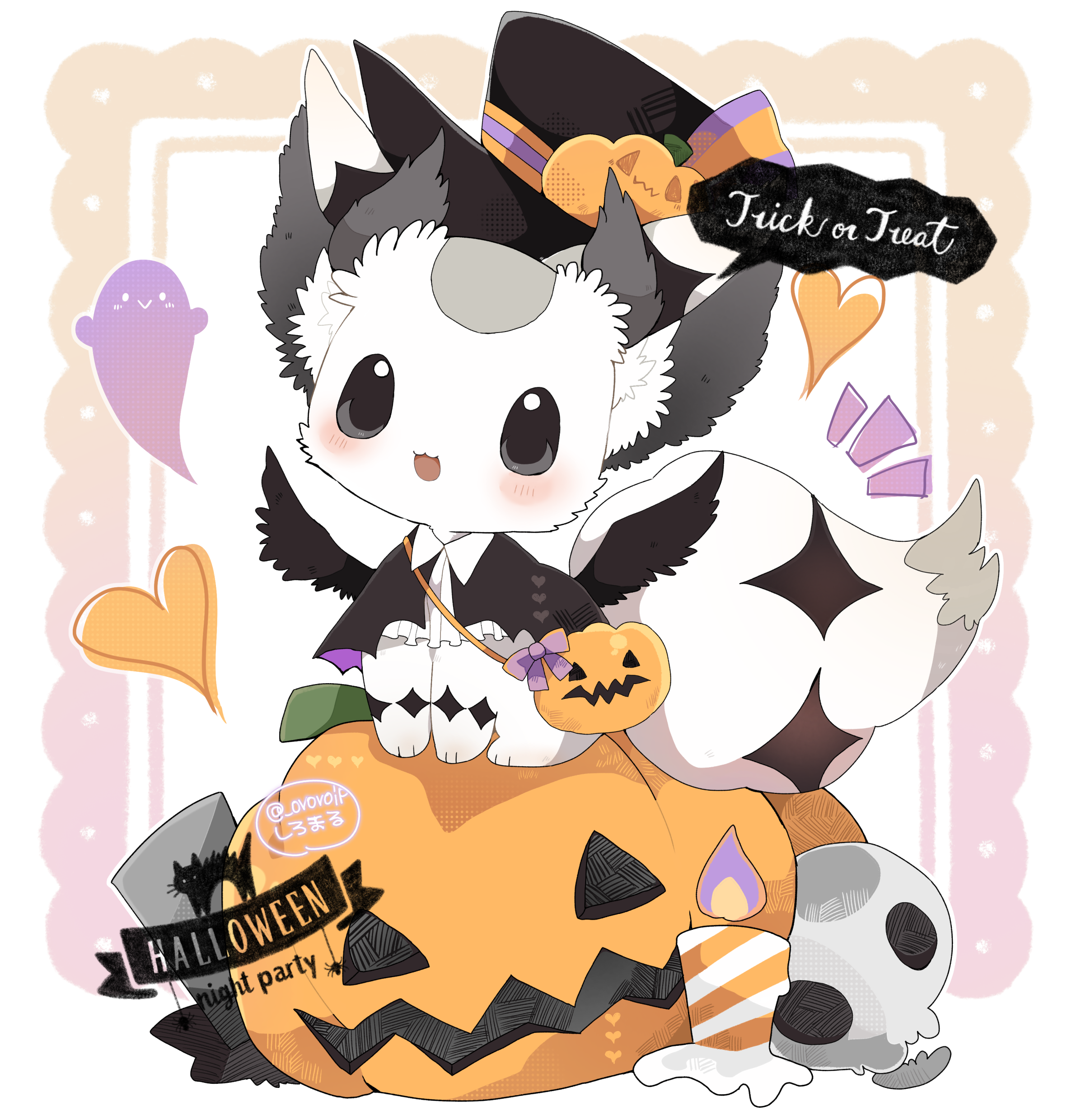 :3 absurdres artist_name bag black_capelet black_eyes black_hat black_wings blush border bow candle capelet colored_sclera commentary_request creature creature_focus english_text feathered_wings fire frills full_body ghost gradient_border grey_sclera halloween hat hat_bow heart highres jack-o'-lantern jack-o'-lantern_hat_ornament multicolored_border multicolored_bow no_humans notice_lines open_mouth original outside_border ovoip pink_border pumpkin purple_bow shoulder_bag sitting skull speech_bubble striped_bow trick_or_treat twitter_username two-sided_fabric white_background wing_collar wings yellow_border yellow_bow